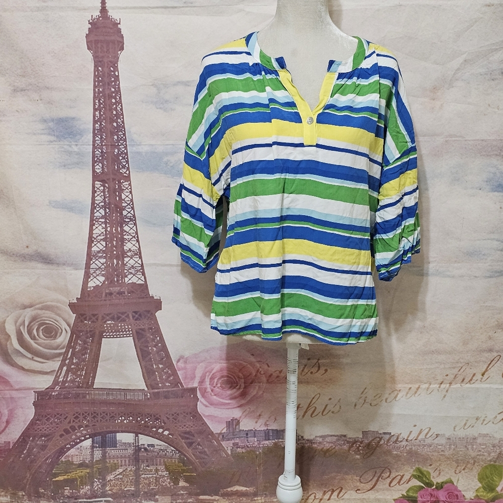 Ruby Rd. Blue Green Yellow Striped Blouse
